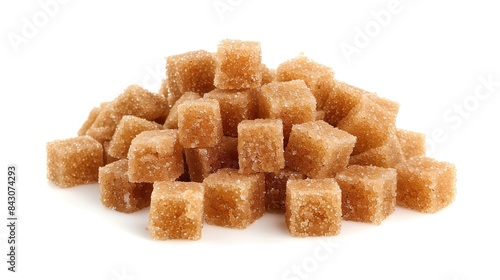 A small pile of brown sugar cubes, isolated on a white background.