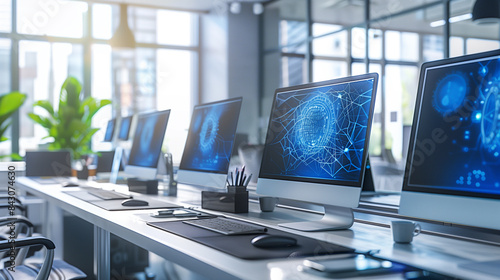 A row of computer monitors in an office with digital blue holographic AI icons on the screens