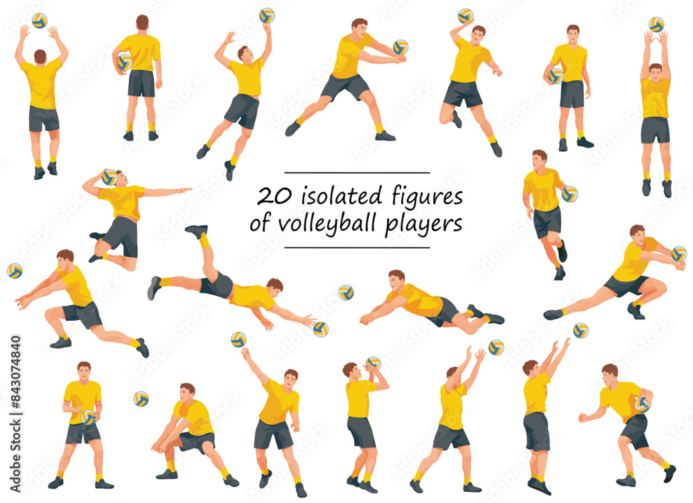 Team of 20 volleyball players isolated figures in yellow T-shirts running, jumping, catching, throwing the ball on white background Team of 20 volleyball players isolated figures in yellow T-shirts running, jumping, catching, throwing the ball on white background