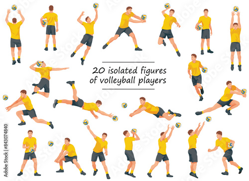 Team of 20 volleyball players isolated figures in yellow T-shirts running, jumping, catching, throwing the ball on white background