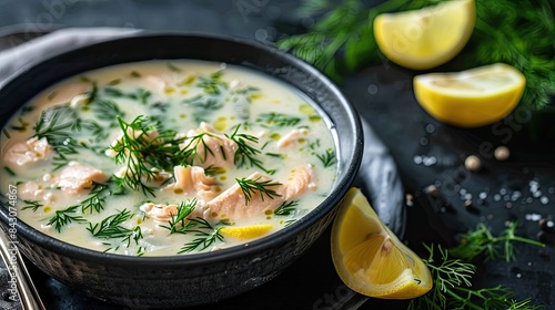 a black plate with dill salmon soup, accompanied by fresh lemon slices on the side, showcasing the creamy fish soup brimming with white cream, vibrant green herbs, and succulent pink catfish meat.