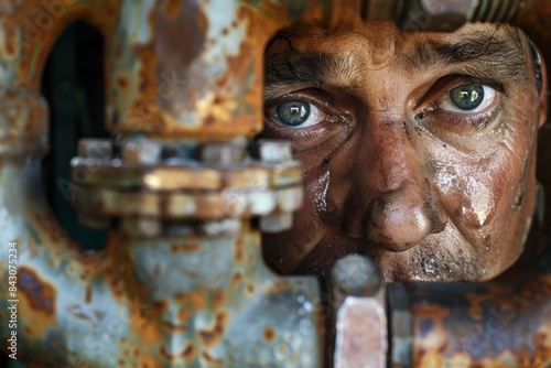 Focused Plumber with Determined Expression Amidst Rusty Pipes During Emergency Repair