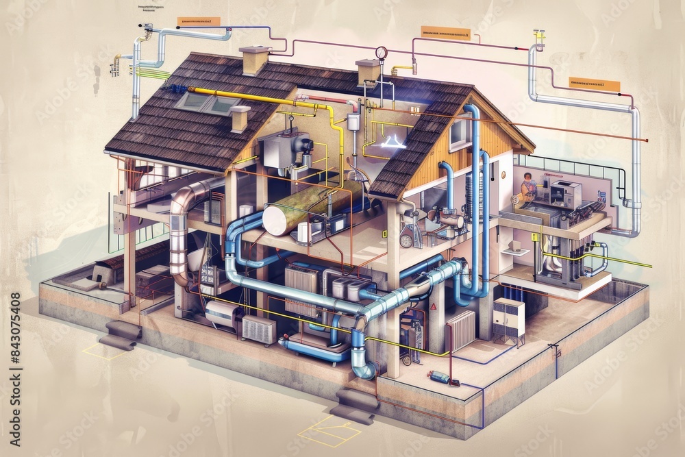 Detailed Diagram of House Plumbing System with Highlighted Inspection Areas - Design for Educational Use Detailed Diagram of House Plumbing System with Highlighted Inspection Areas - Design for Educational Use