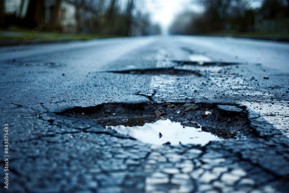 Badly damaged asphalt road with frequent potholes - traffic hazards - infrastructure maintenance - public safety Badly damaged asphalt road with frequent potholes - traffic hazards - infrastructure maintenance - public safety