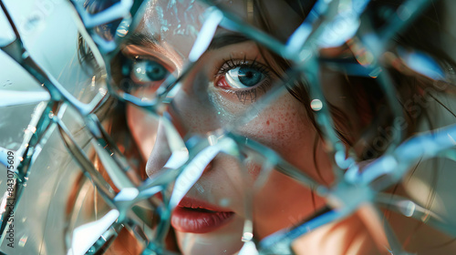 A woman struggling with self-esteem and a negative body image is reflected in a broken mirror. photo