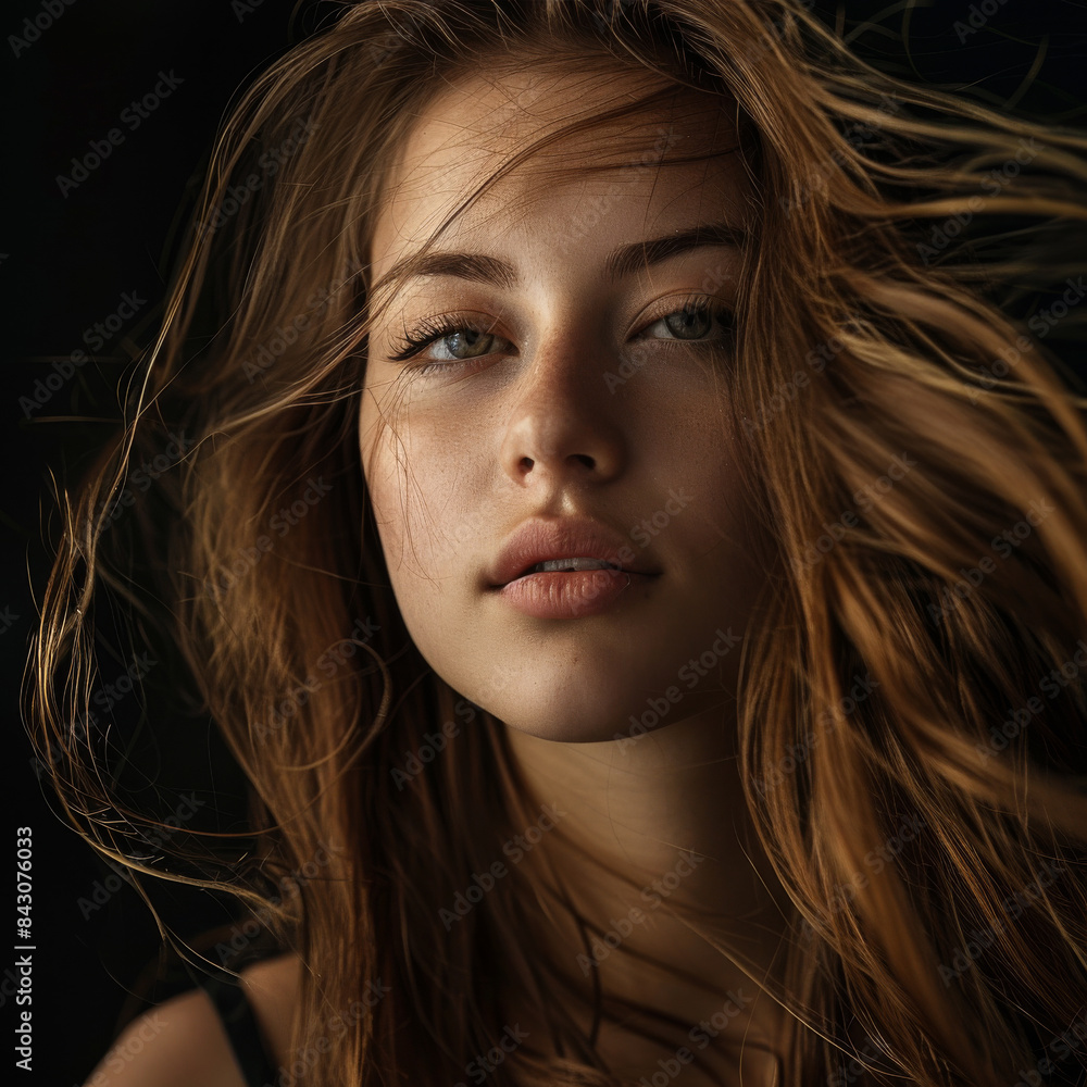 Beautiful woman with long hair, wind in her hair, dark background Beautiful woman with long hair, wind in her hair, dark background