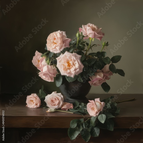 A vase of pink roses are in a black pot on the table  AI