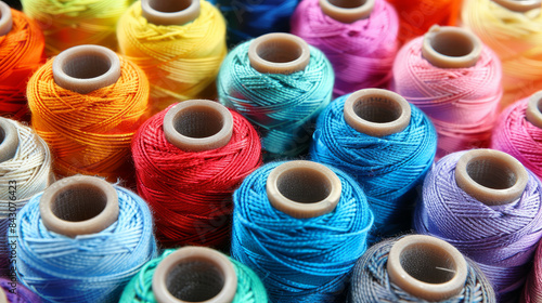 Assorted thread spools in vibrant colors, perfect for sewing, embroidery, and other needlework projects.