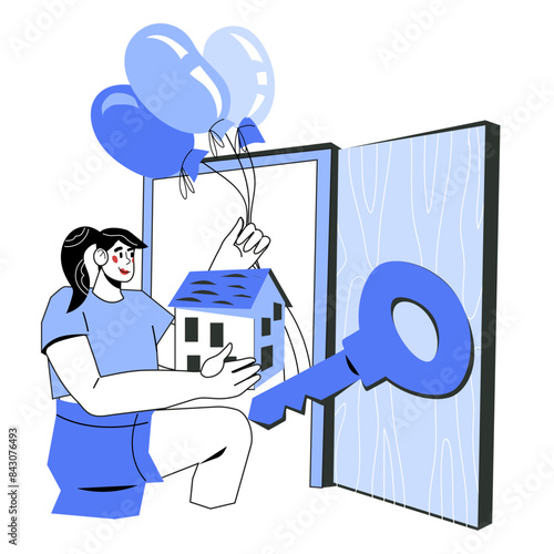 Buying a home and mortgage, concept of housewarming and purchasing a house, cartoon flat vector illustration isolated on white background.
