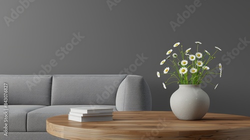 living room, featuring a grey sofa, wooden coffee table adorned with white daisies, and a stack of blue books, with ample copy space for text.