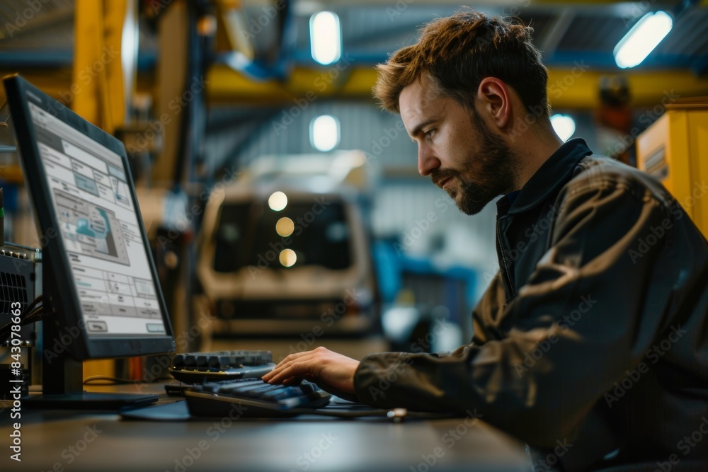 Mechanic Inputting Car Service Data on Computer in Auto Workshop - Maintenance Records Logging Mechanic Inputting Car Service Data on Computer in Auto Workshop - Maintenance Records Logging