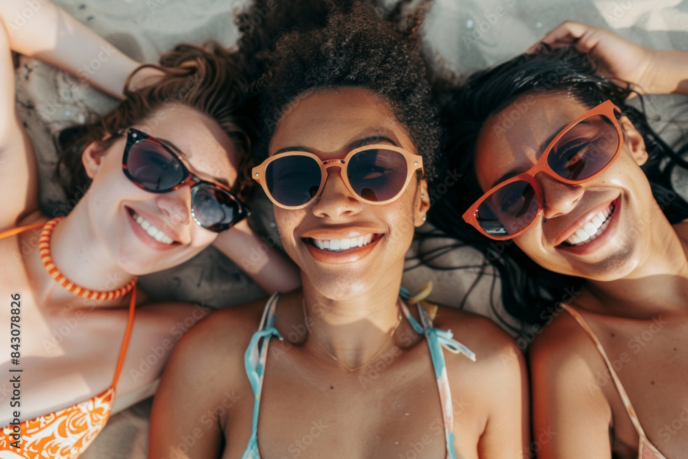 overhead view of a group of happy female friends relaxing on a beach together overhead view of a group of happy female friends relaxing on a beach together