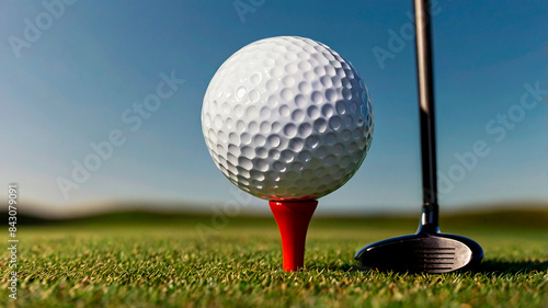 Golf ball and club are on grass and sky background
