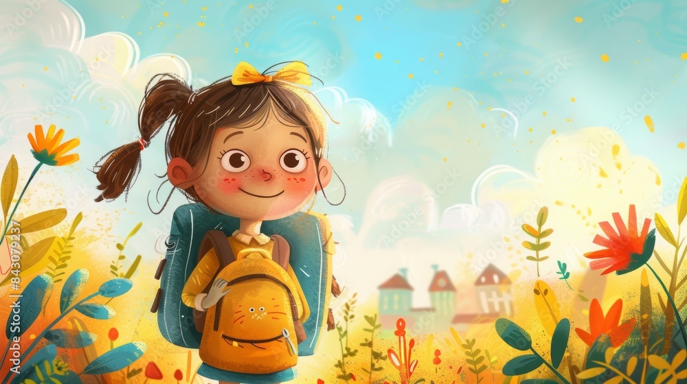 Happy schoolgirl in a cartoon with a big smile heading to school Happy schoolgirl in a cartoon with a big smile heading to school