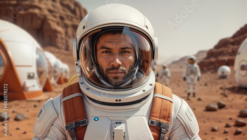 Mars researcher spaceman and his team are in the colony they established on Mars. - Generative AI