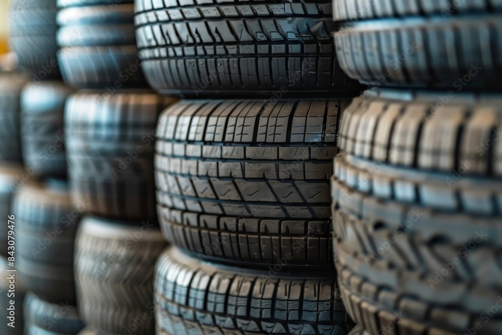 Variety of Brand New Tires Ready for Installation - Different Sizes and Types Available in Shop Variety of Brand New Tires Ready for Installation - Different Sizes and Types Available in Shop