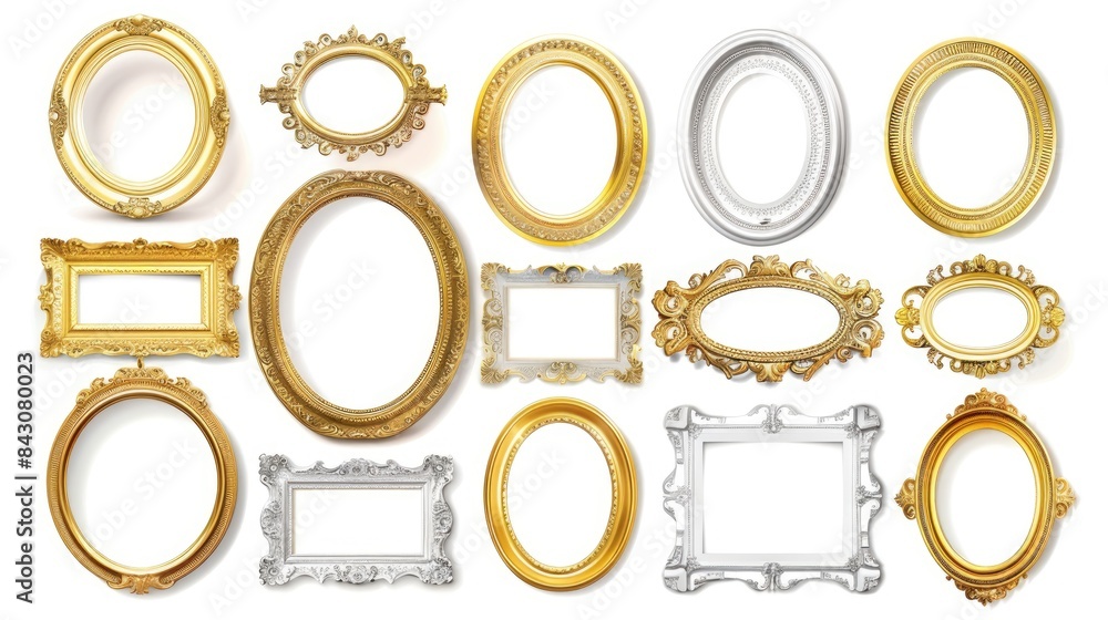 Oval Frames. Collection of Golden and Silvery Art and Photo Frames for Painting Decoration Oval Frames. Collection of Golden and Silvery Art and Photo Frames for Painting Decoration