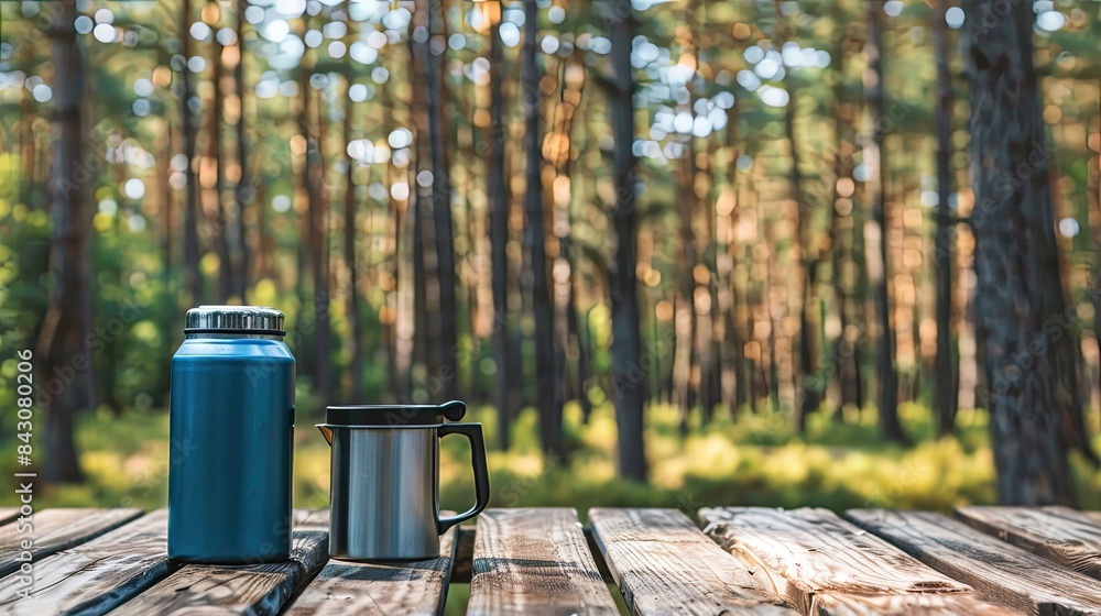 A black metal thermos cup and mug sat on a table in a forest, with a camp fire nearby. A black metal thermos cup and mug sat on a table in a forest, with a camp fire nearby.