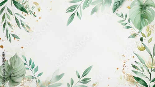 Greenery Wedding Invitation. Watercolor Green and Gold Leaves Card Template