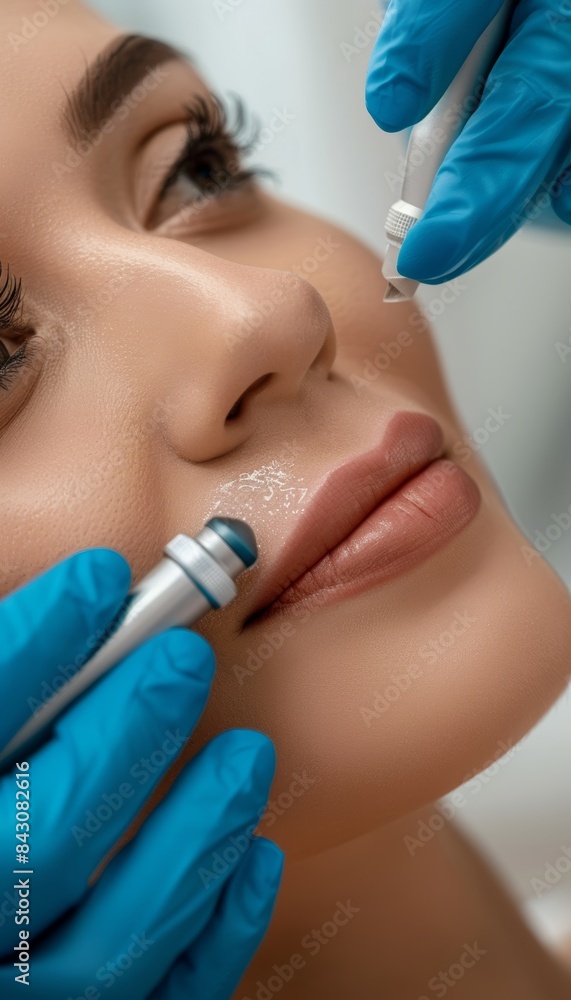 Woman Receiving Professional Microdermabrasion Treatment for Smooth and Glowing Skin, Close-Up Woman Receiving Professional Microdermabrasion Treatment for Smooth and Glowing Skin, Close-Up