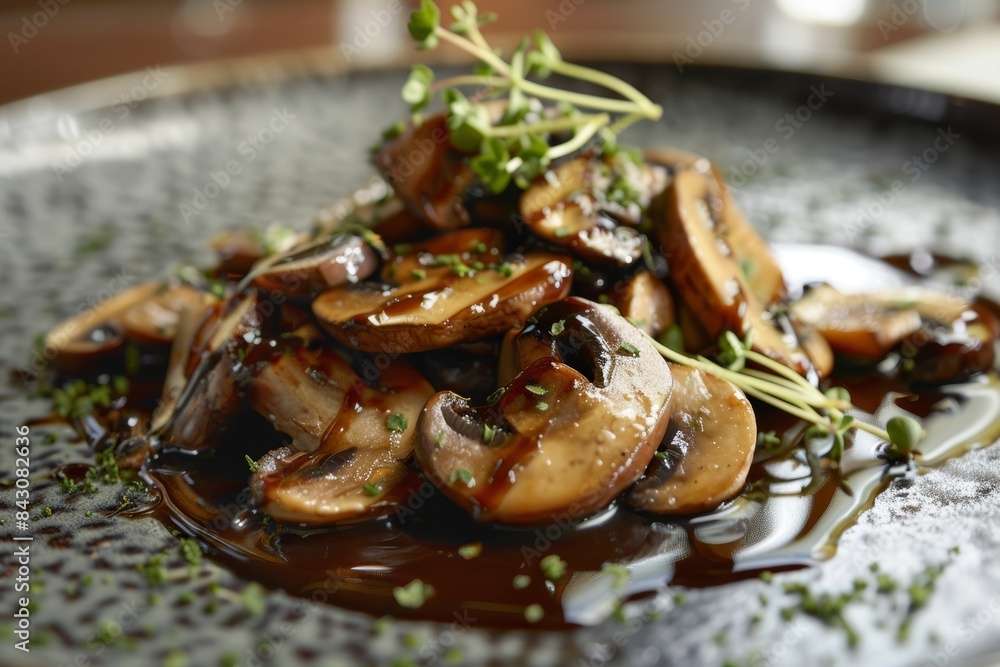 Gourmet Mushroom Dish with Savory Sauce Garnished with Fresh Herbs for Fine Dining Gourmet Mushroom Dish with Savory Sauce Garnished with Fresh Herbs for Fine Dining