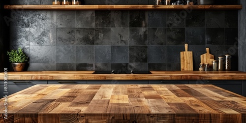 Wooden countertop of a modern kitchen for presentation and text with empty space and dark tiles photo