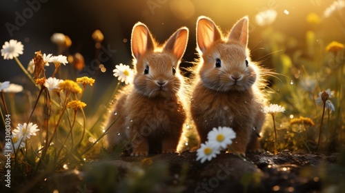red rabbits frolic in the spring grass