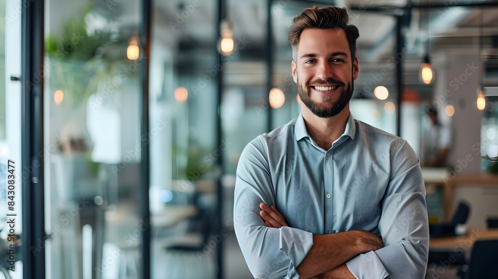 Portrait of cheerful businessman with arms folded standing in conference room. Happy young business man in shirt looking at camera. Portrait of a smiling businessman in modern office Portrait of cheerful businessman with arms folded standing in conference room. Happy young business man in shirt looking at camera. Portrait of a smiling businessman in modern office