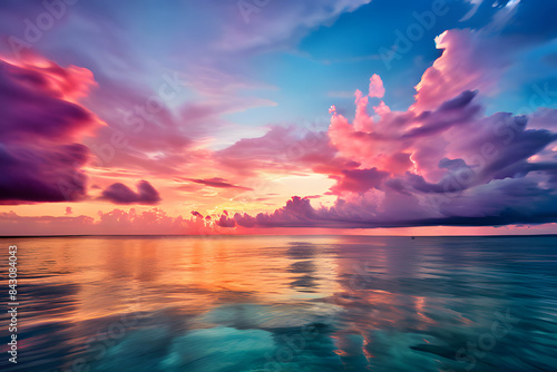 A vibrant sunset creates a colorful sky over a calm blue ocean. The sky is ablaze with orange  pink  and   purple hues. The horizon separates the colorful sky from the dark blue ocean.