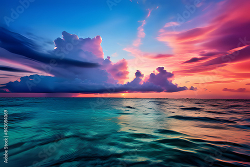 A vibrant sunset creates a colorful sky over a calm blue ocean. The sky is ablaze with orange  pink  and   purple hues. The horizon separates the colorful sky from the dark blue ocean.