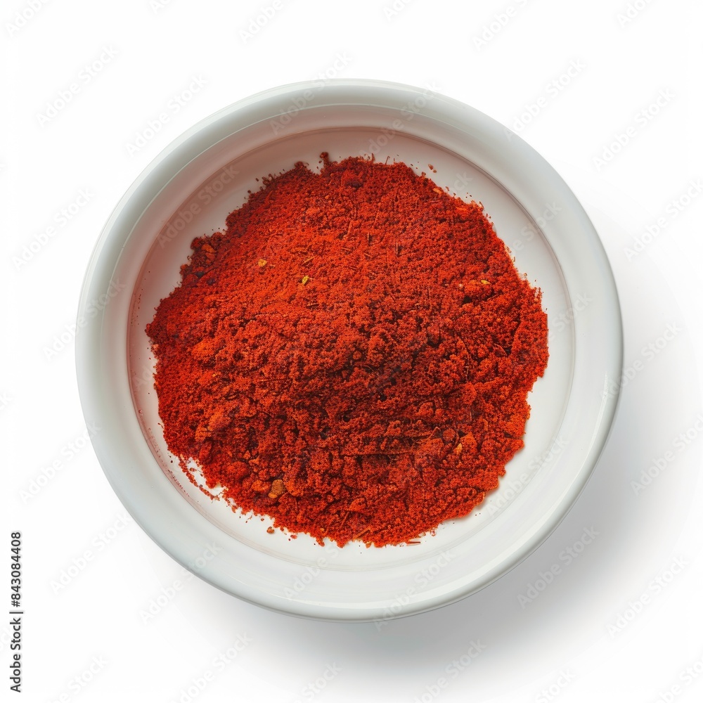 Paprika Bowl. Red Powder in Ceramic Bowl, Isolated on White Background, Top View Paprika Bowl. Red Powder in Ceramic Bowl, Isolated on White Background, Top View