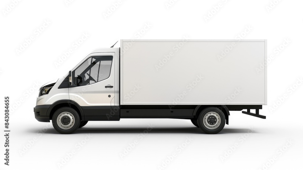 White Box Van. Modern Delivery Truck with Black Cab and Blank Space for Billboard Design. Isolated on White Background White Box Van. Modern Delivery Truck with Black Cab and Blank Space for Billboard Design. Isolated on White Background
