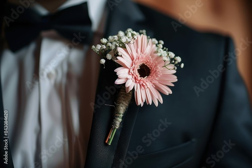 An elegant groom's black suit with a neatly tied bow tie and a beautiful pink boutonniere symbolizes matrimonial sophistication