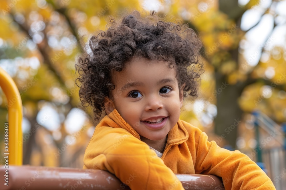 Child Playing Outside in Autumn Playground. Beautiful Biracial Kid Enjoying Fall Child Playing Outside in Autumn Playground. Beautiful Biracial Kid Enjoying Fall