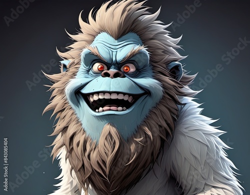 Cartoon Bigfoot Yeti with white fur and blue skin, showing off a wide toothy grin. The monster is perfect for animated series, children's parties and fantasy-themed stories. Generative Ai © vera107