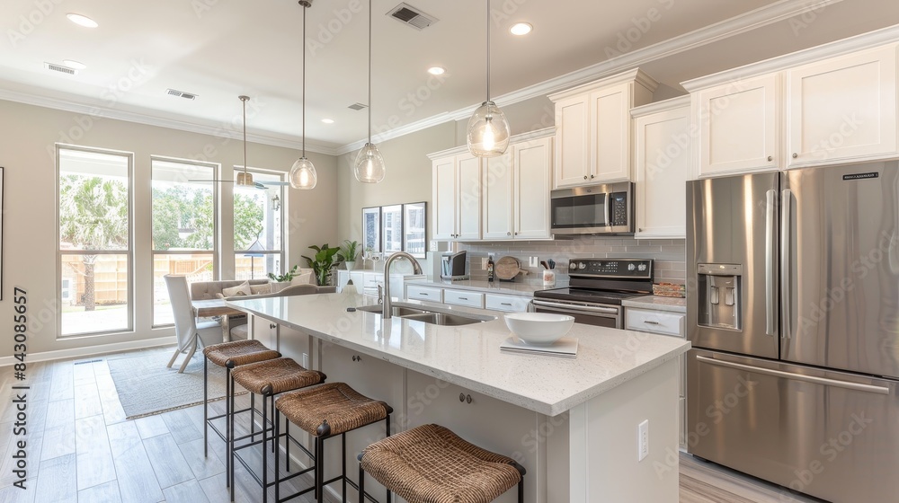 A kitchen with a large island and a window A kitchen with a large island and a window