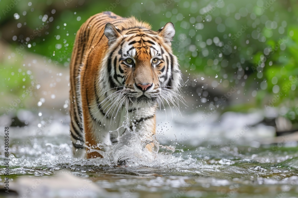 Tiger Jungle. Wildlife Scene of Amur Tiger Walking in River Water in Green Forest Stream Tiger Jungle. Wildlife Scene of Amur Tiger Walking in River Water in Green Forest Stream