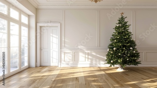 Christmas Tree Empty. Elegant Interior Room with Classic Christmas Tree Decoration