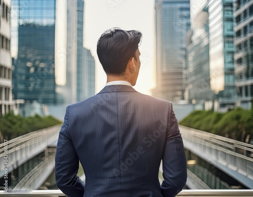  back of businessman in suit with business office glass modern buildings background for economics