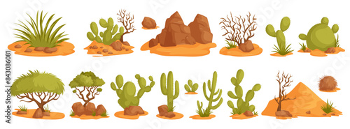Illustration of various cartoon desert plants and landscapes, featuring cacti, rocks, and sand dunes in a whimsical style.