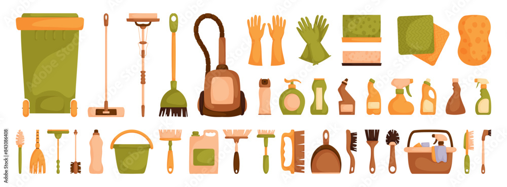 Illustration of various cartoon cleaning tools and supplies, including brooms, gloves, detergents, and brushes, in a whimsical style. Illustration of various cartoon cleaning tools and supplies, including brooms, gloves, detergents, and brushes, in a whimsical style.