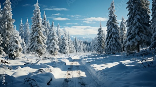 Winter landscape with snowy road in the forest. Panoramic view