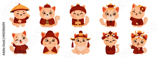 Adorable cartoon cats wearing traditional Chinese clothing, perfect for festive and cultural themes.