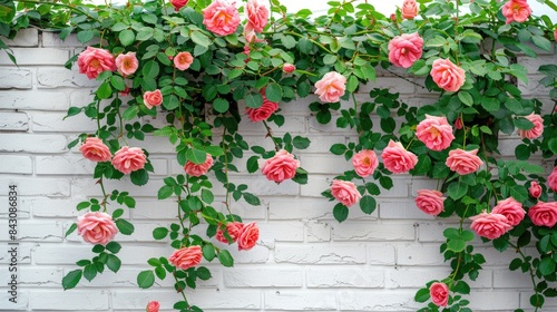 The wall had different colored roses hanging from top to bottom against a white brick background,