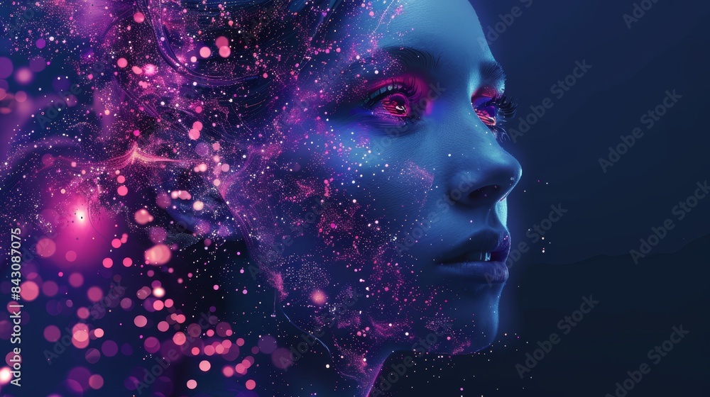 a woman with pink and purple makeup and a glowing face a woman with pink and purple makeup and a glowing face