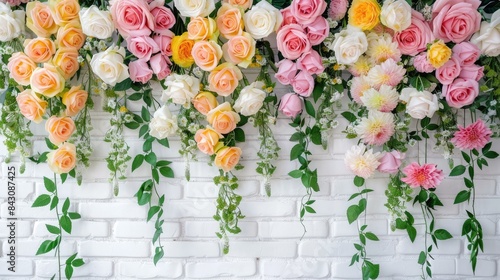 The wall had different colored roses hanging from top to bottom against a white brick background 