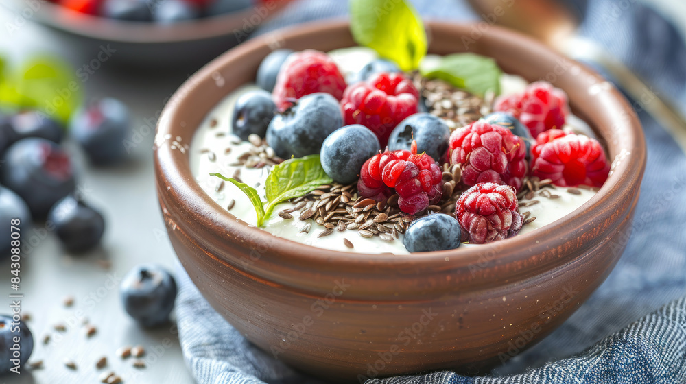 A bowl of yogurt with berries, flax seeds, and blueberries served in a clay bowl. Vegetarian dish. Healthy breakfast. A bowl of yogurt with berries, flax seeds, and blueberries served in a clay bowl. Vegetarian dish. Healthy breakfast.