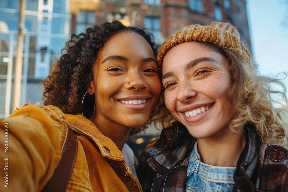 A delightful scene where two friends share a laugh in knit hats in an urban setting A delightful scene where two friends share a laugh in knit hats in an urban setting