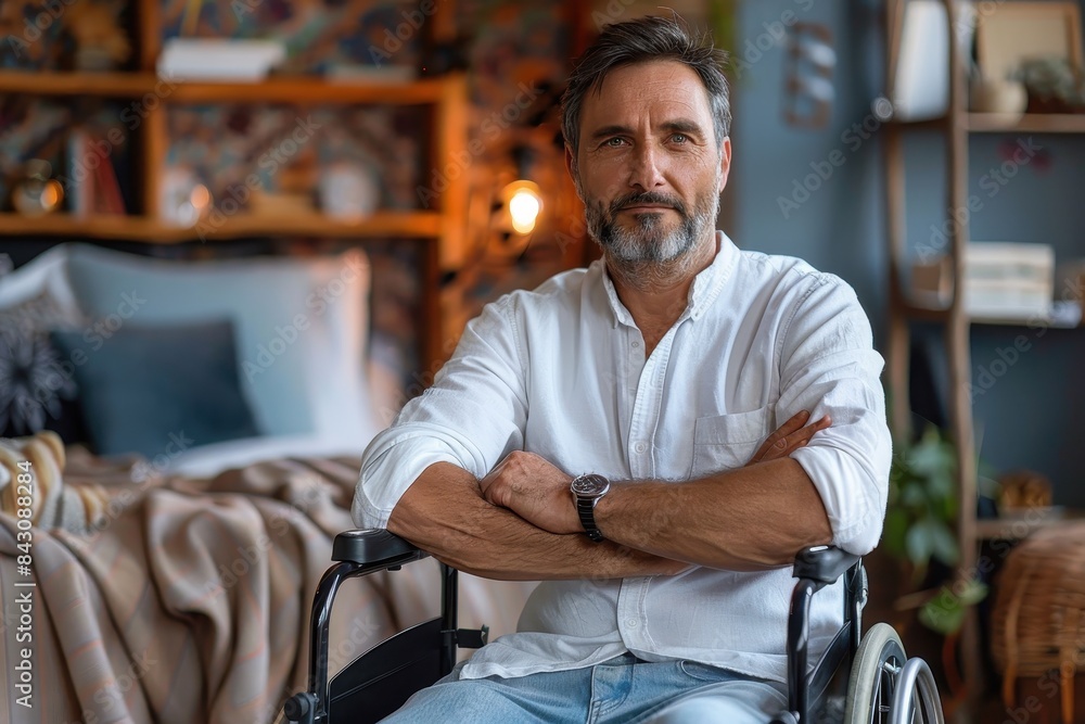A man in a wheelchair poses confidently in a cozy home environment, with thoughtful expression A man in a wheelchair poses confidently in a cozy home environment, with thoughtful expression