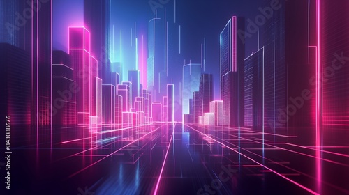  An abstract digital city design with glowing neon lines and geometric skyscrapers  set against a dark background to highlight the futuristic architecture.